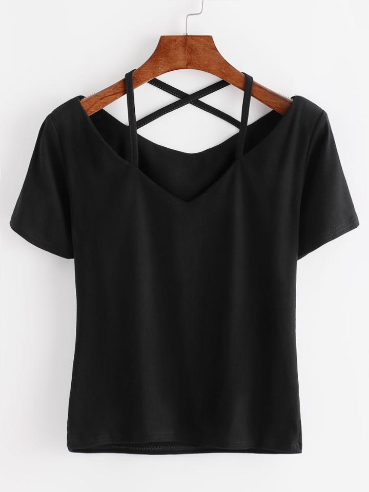 Shein Black V Neck Criss Cross Back T-shirt