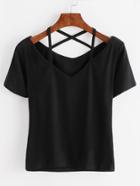 Shein Black V Neck Criss Cross Back T-shirt