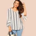 Shein Plus Criss Cross Front Flounce Sleeve Striped Blouse