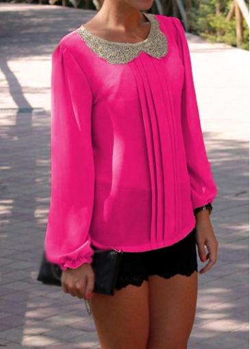 Rosewe Long Sleeve Peter Pan Collar Rose Chiffon Blouse
