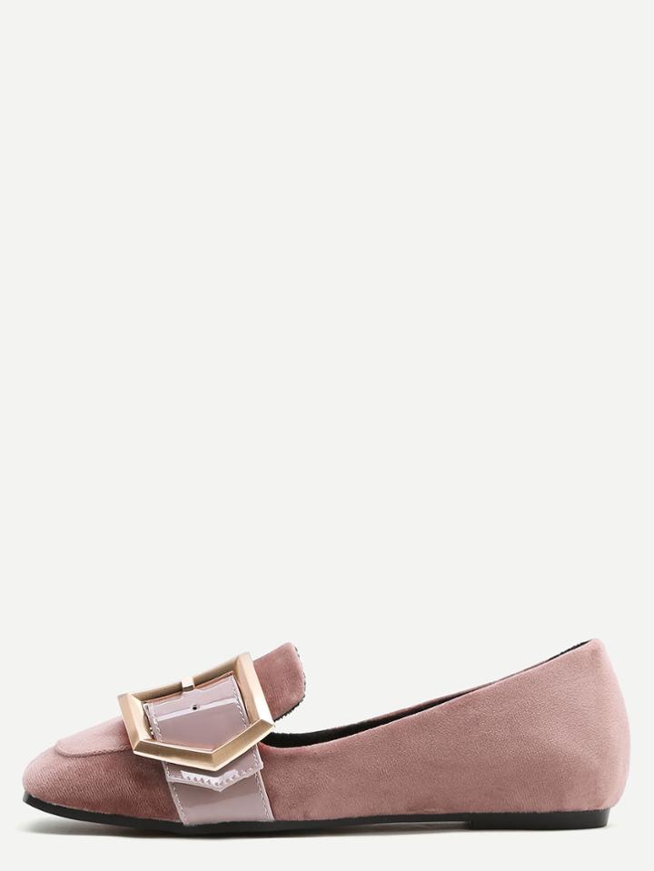 Shein Pink Velvet Square Toe Buckle Loafer Flats