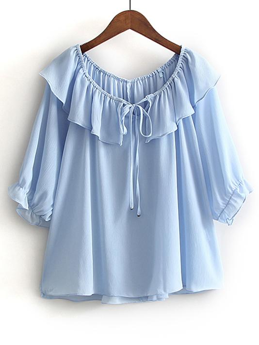 Shein Blue Boat Neck Elastic Cuff Self Tie Blouse