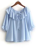 Shein Blue Boat Neck Elastic Cuff Self Tie Blouse