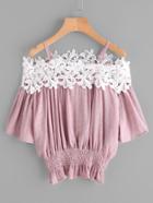Shein Open Shoulder Shirred Waist Lace Trim Blouse