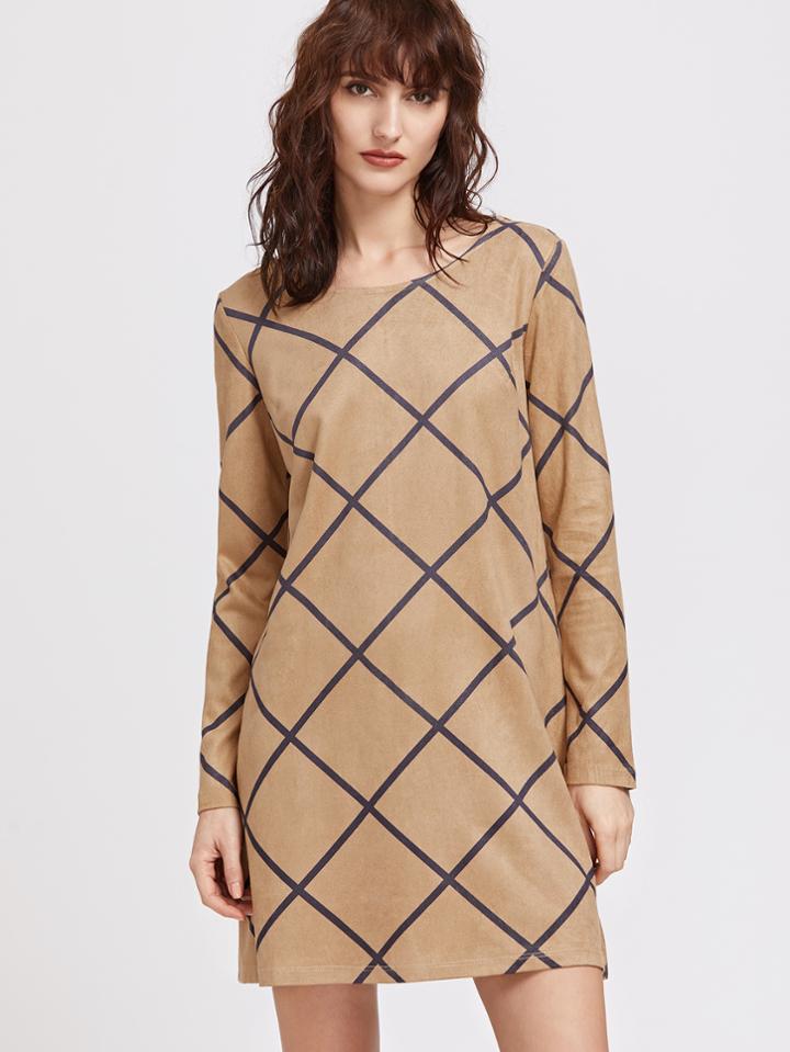 Shein Suede Plaid Long Sleeve Shift Dress