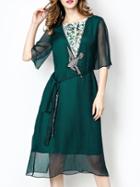 Shein Green Applique Pouf Tie-waist A-line Dress