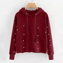 Shein Plus Pearl Beaded Drawstring Hoodie Sweatshirt