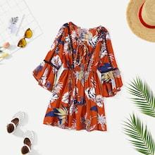 Shein Girls Geo Cut Insert Bell Sleeve Floral Dress