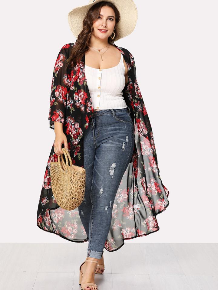 Shein Floral Print Dip Hem Cardigan