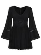 Shein Black Crochet Hollow Out Zipper Bell Sleeve Dress