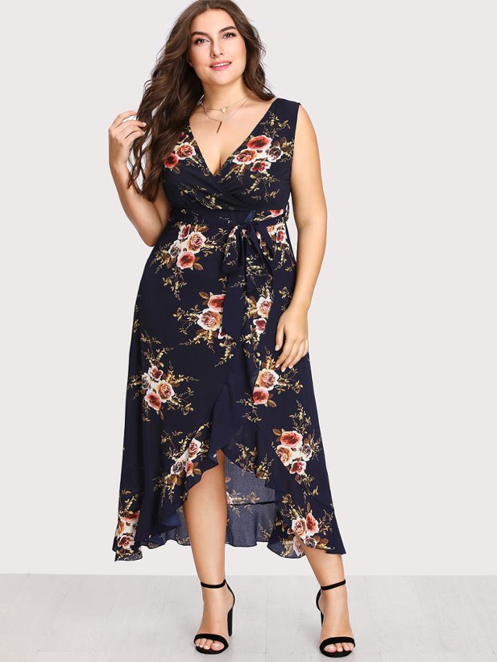 Shein Botanical Print Tie Waist Ruffle Hem Wrap Dress