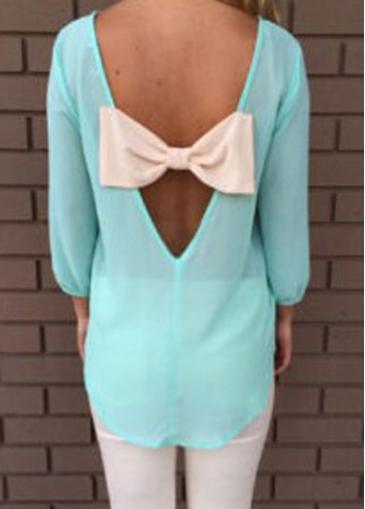 Rosewe Bowknot Decorated Chiffon Light Blue Blouse