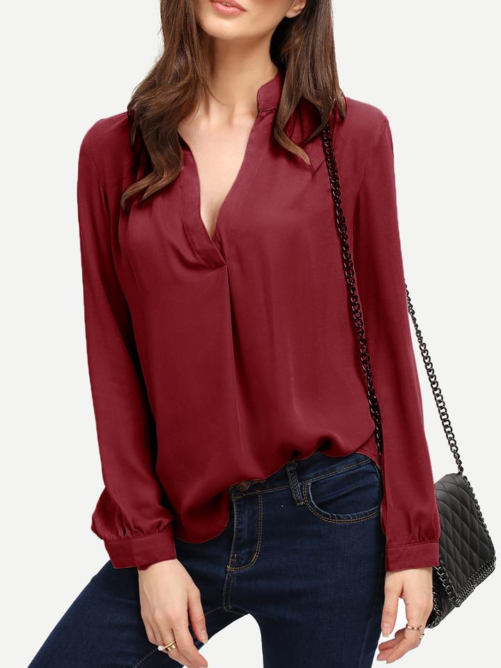 Shein Burgundy V Neck Curved Hem Blouse