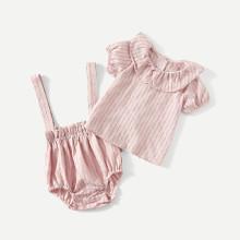 Shein Girls Striped Ruffle Blouse With Overalls