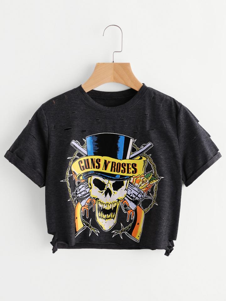Shein Skull Print Distressed Detail Crop Tee