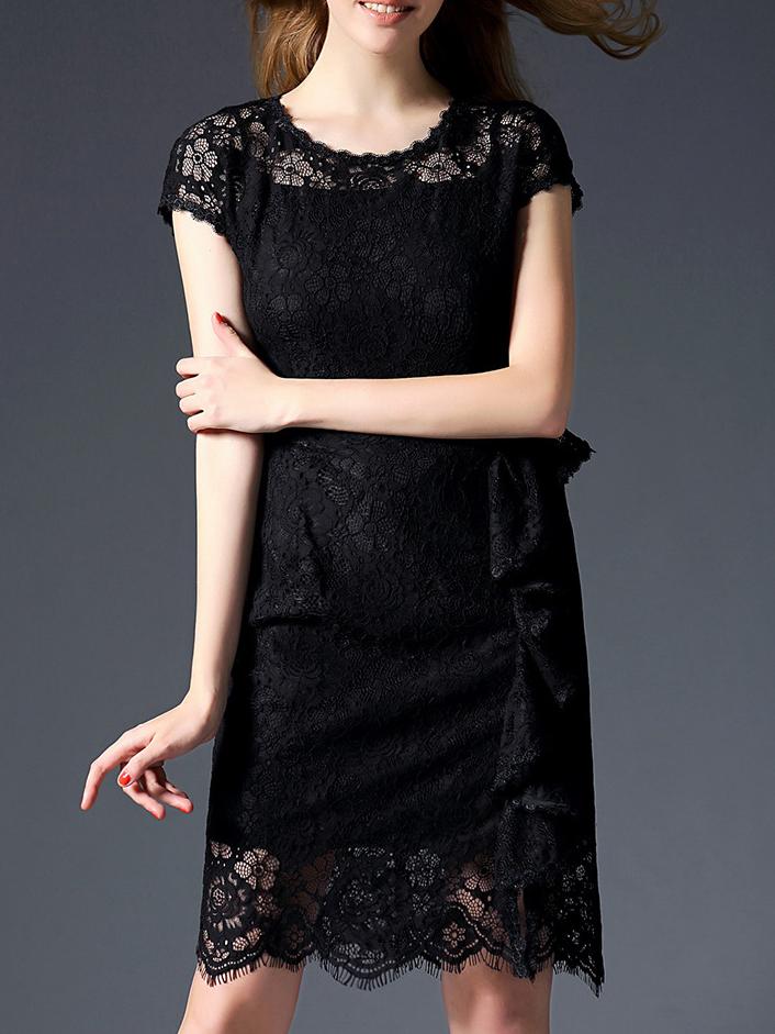 Shein Black Crew Neck Ruffle Lace Dress