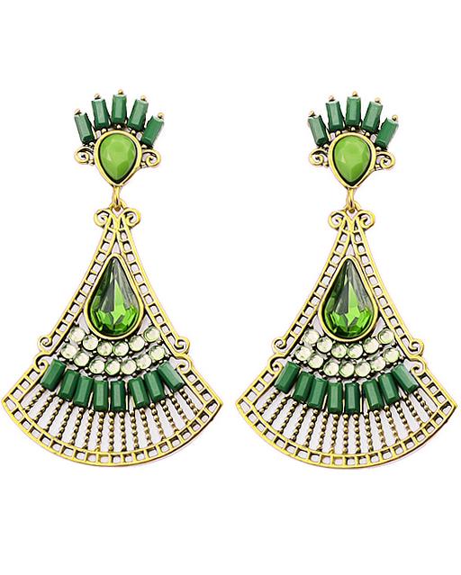 Shein Green Fan-shaped Gemstone Gold Earrings