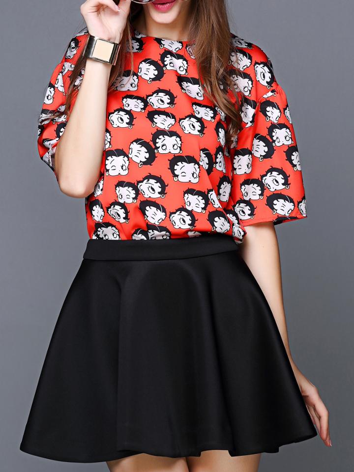 Shein Red Round Neck Half Sleeve Cartoon Print Top With Skirt