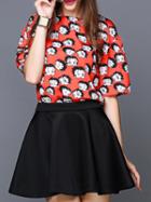 Shein Red Round Neck Half Sleeve Cartoon Print Top With Skirt