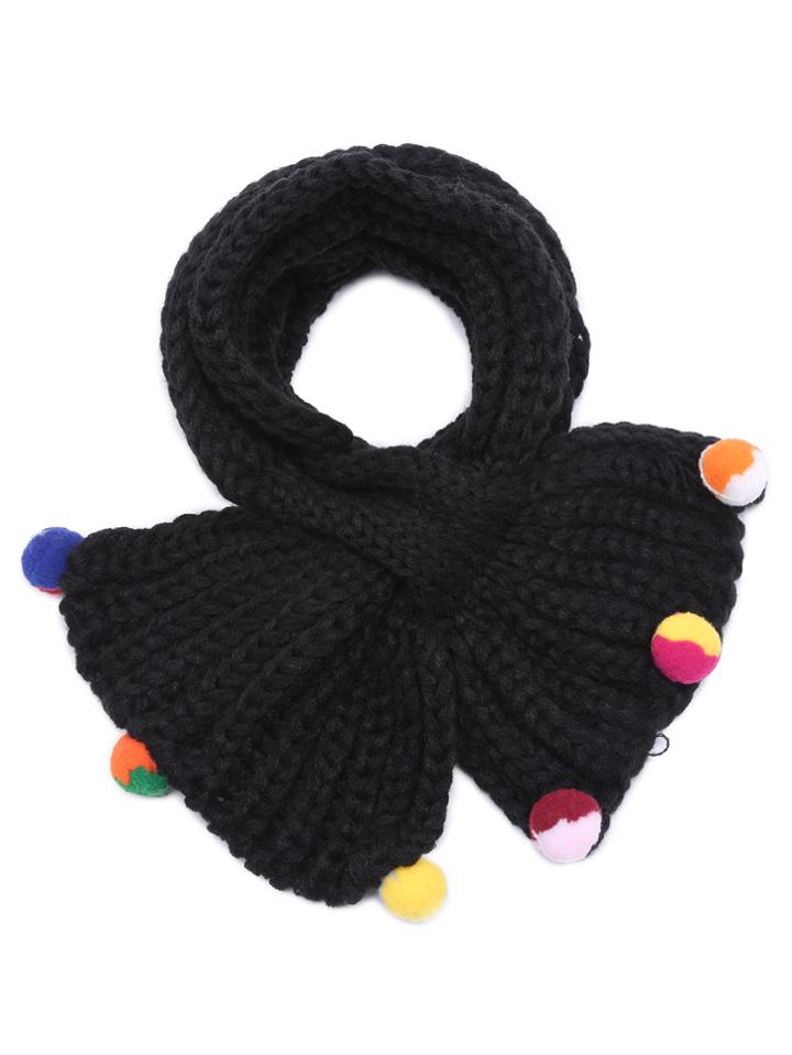 Shein Black Knit Collar Scarf With Colored Pom Pom