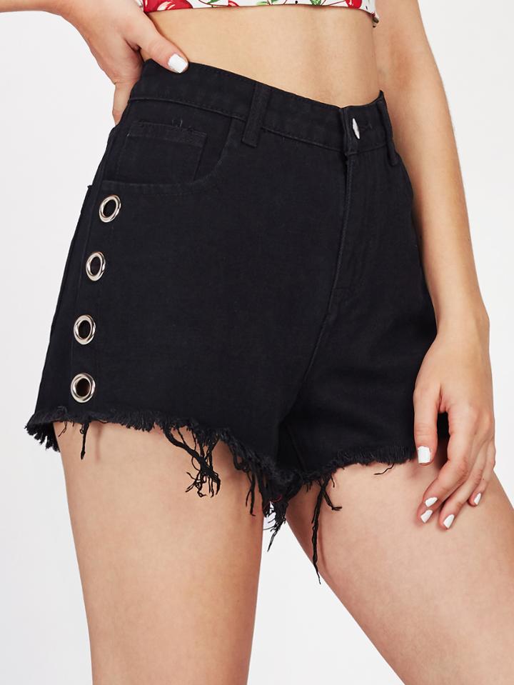 Shein Grommet Detail Raw Edge Denim Shorts