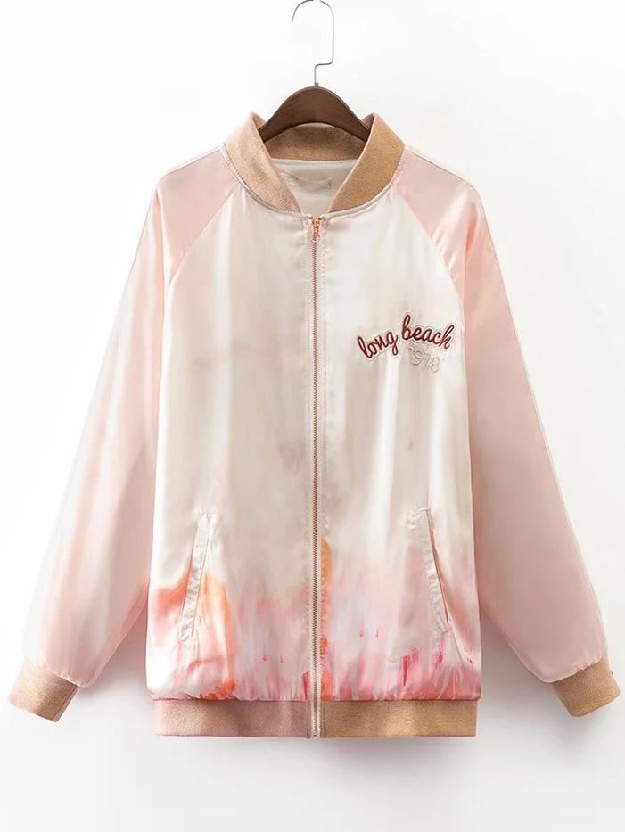 Shein Apricot Rib-knit Cuff Letter Embroidery Jacket