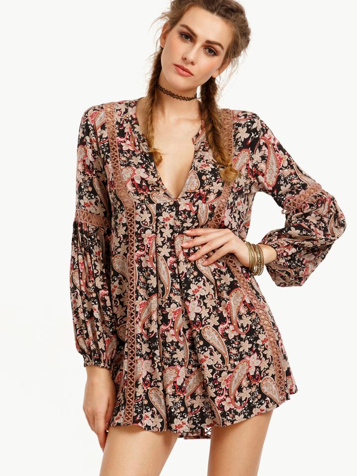 Shein Deep V Neck Paisley Print Hollow Out Shift Dress