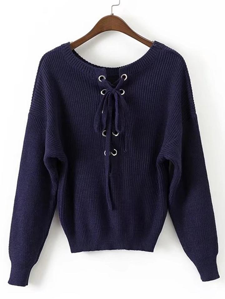 Shein Eyelet Lace Up Ribbed Sweater