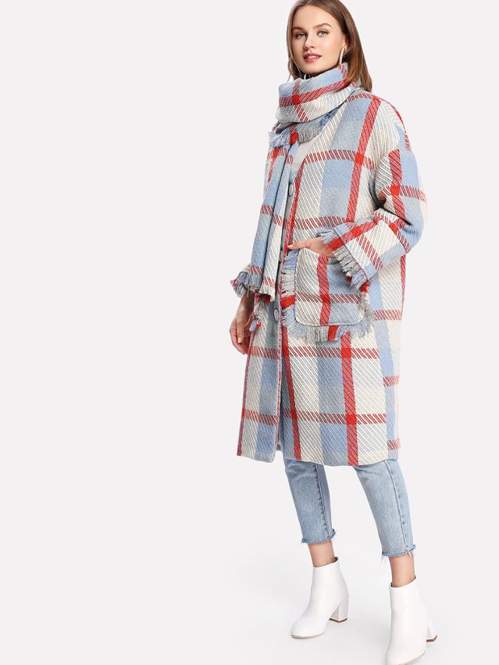 Shein Fringe Trim Plaid Coat With Scarf