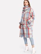 Shein Fringe Trim Plaid Coat With Scarf