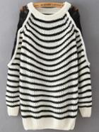 Shein Black White Round Neck Lace Striped Loose Sweater