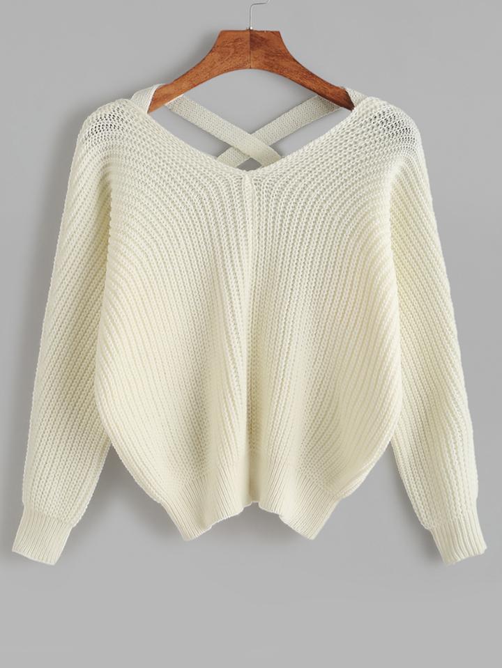 Shein Beige Double V Neck Criss Cross Back Sweater