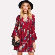 Shein Trumpet Sleeve Dot Lace Insert Smock Dress
