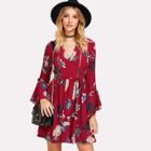 Shein Trumpet Sleeve Dot Lace Insert Smock Dress