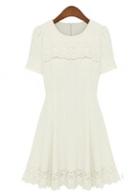 Rosewe Women Lace Hem Design Short Sleeve Solid White A Line Dress
