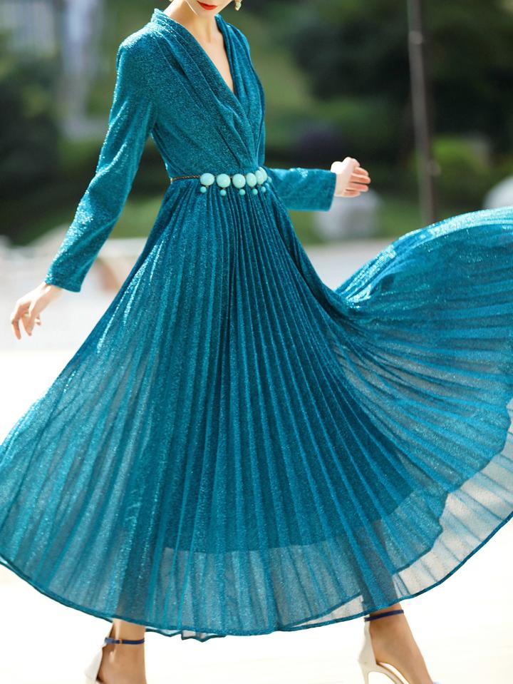 Shein Blue V Neck Pleated A-line Dress