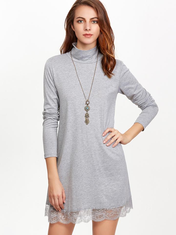 Shein Grey High Neck Lace Hem Shift Dress
