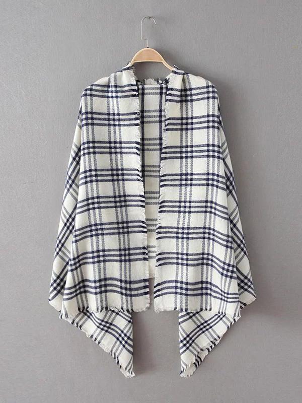 Shein White Plaid Frayed Trim Scarf
