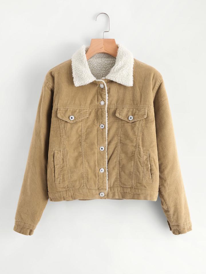 Shein Corduroy Contrast Faux Shearling Jacket
