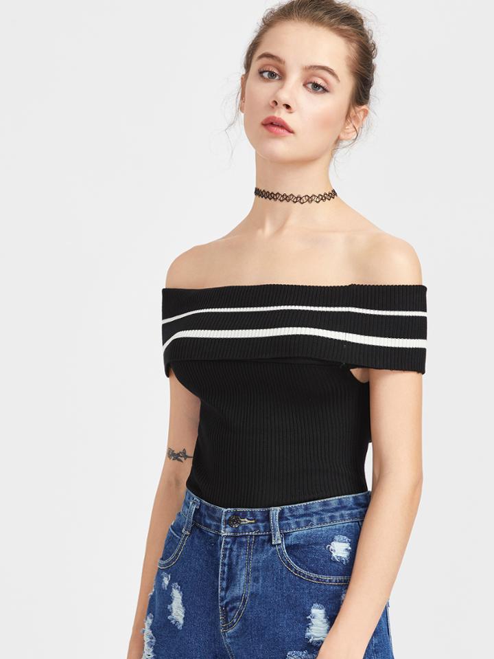 Shein Bardot Pinstripe Ribbed Tee