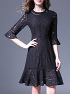 Shein Navy Bell Sleeve Frill Lace Dress