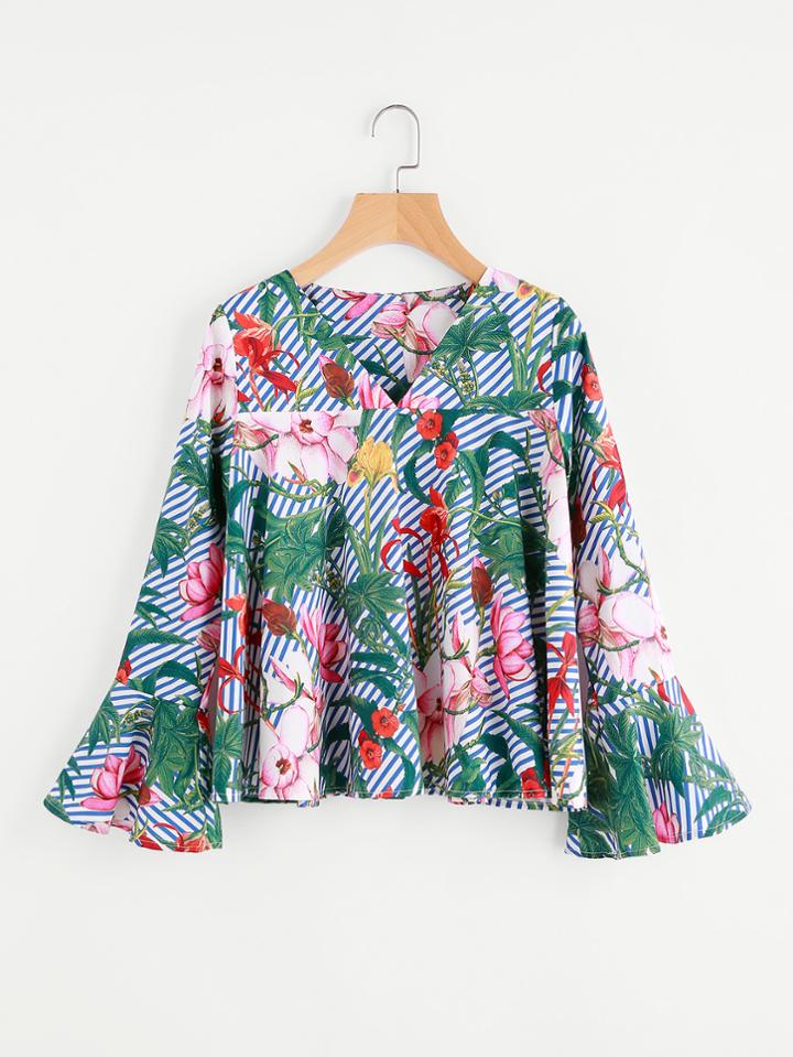 Shein V-neckline Florals Print Bell Sleeve Blouse
