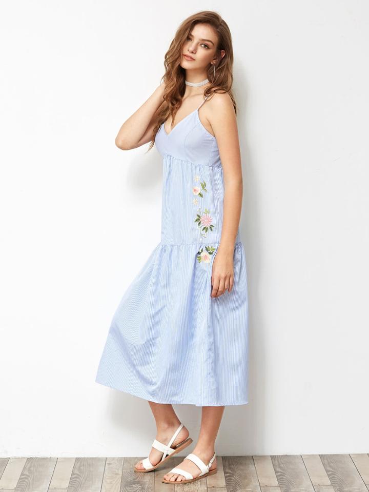 Shein Flower Embroidered Mixed Stripe Tiered Cami Dress
