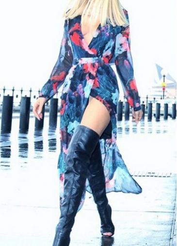 Rosewe Front Slit Plunging Neck Chiffon Maxi Dress