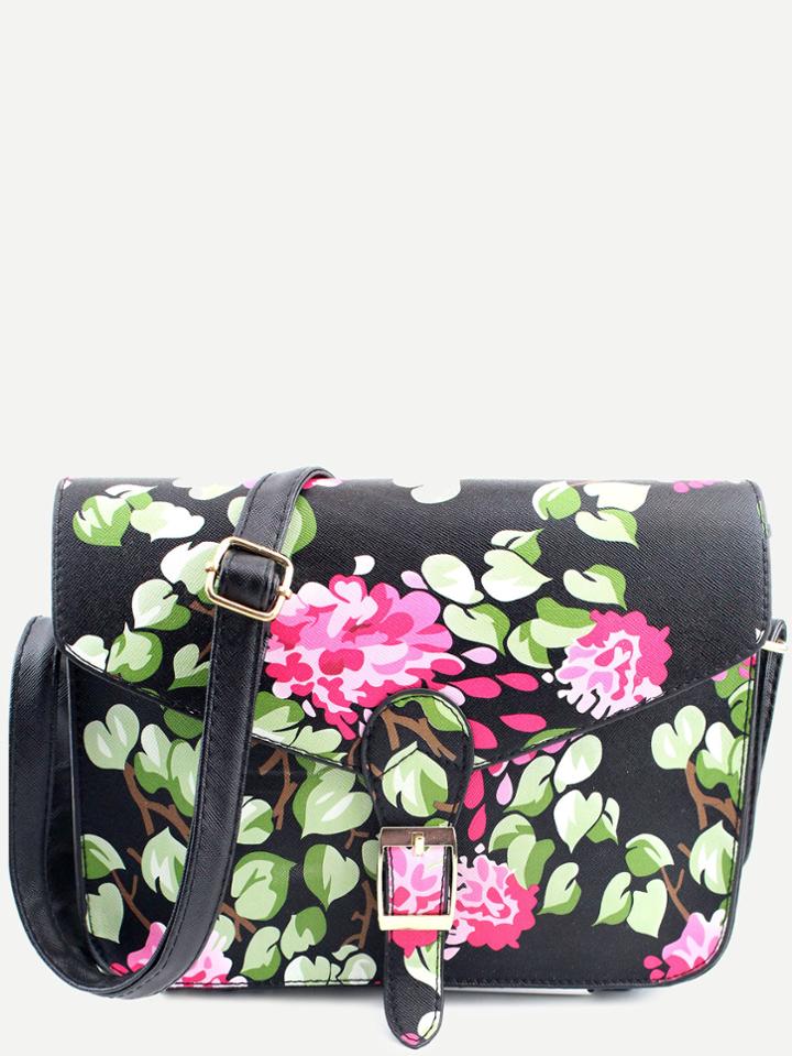 Shein Black Pu Floral Print Buckle Closure Messenger Bag