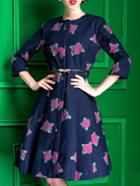 Shein Navy Denim Print Belted A-line Dress