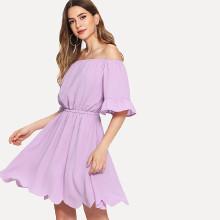 Shein Elastic Neckline And Waist Scallop Edge Bardot Dress