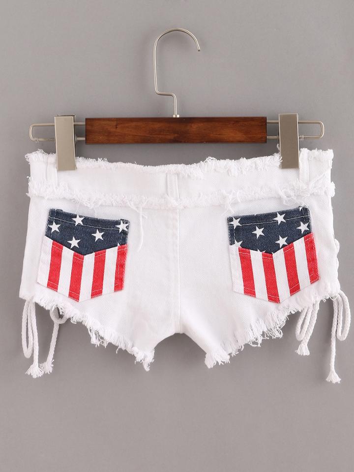 Shein White Stars Fringe Lace Up Denim Shorts