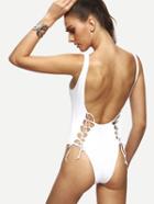 Shein White Lace Up Scoop Back One Piece Swimwear