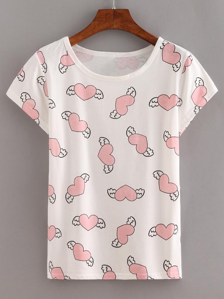 Shein Fly Heart Print T-shirt - Pink